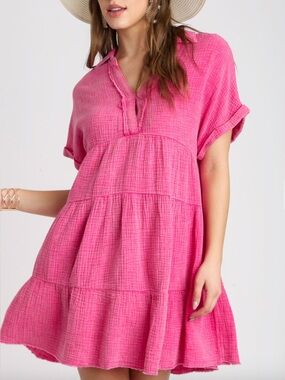 Umgee USA | Hot Pink 100% Cotton Tiered Mini Dress | Women’s Size: M